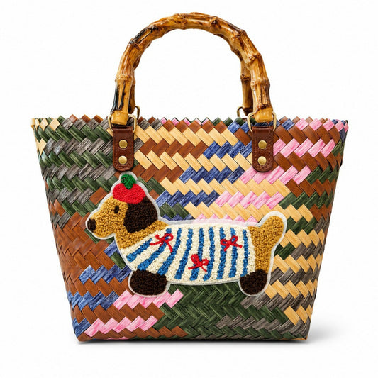 Woven Bamboo Handle Tote Handbag with Whimsical Dachshund Applique, Structured Shape and Roomy Interior