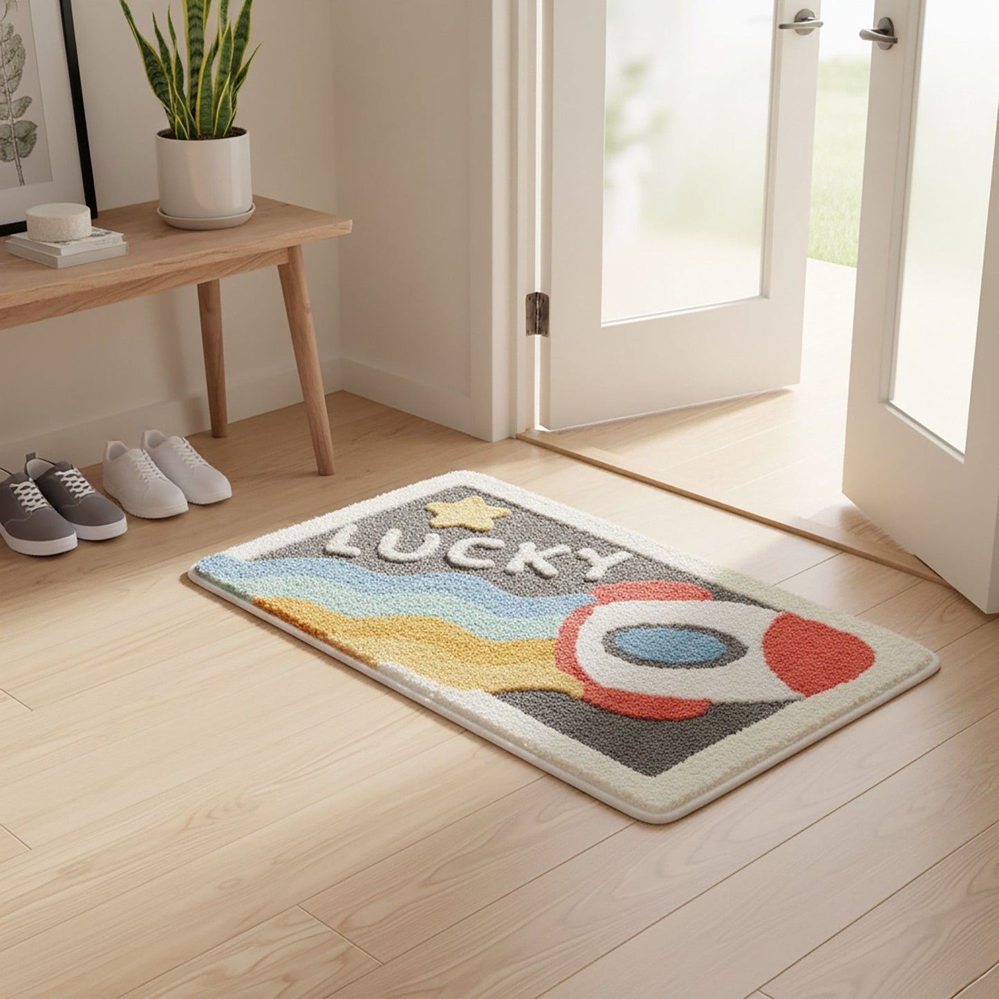 Tufted Floor Mat with Cute Animal and Sunflower Design Non Slip Backing Soft Plush Decorative Rug