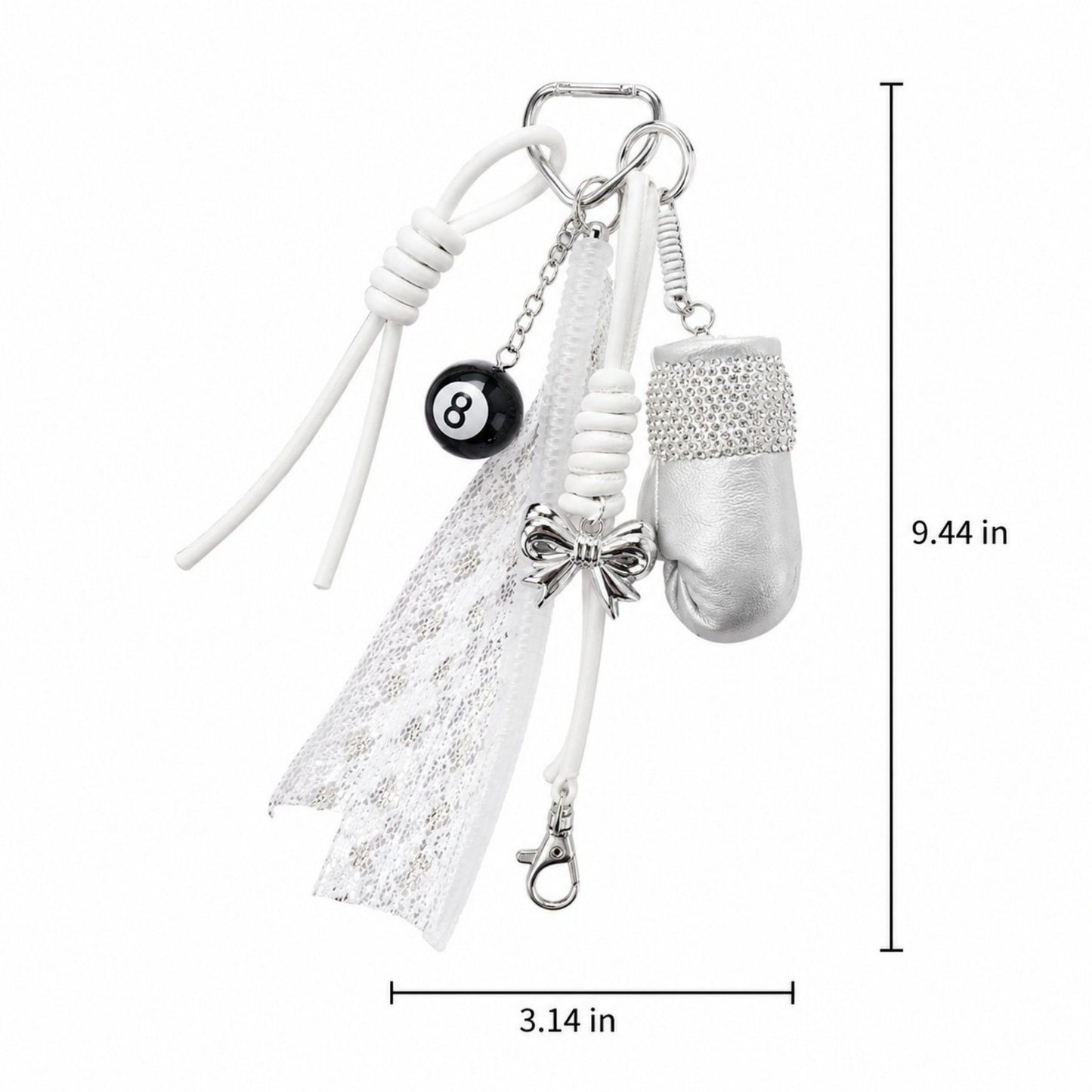 Boxing Glove Keychain Bag Charm with 8 Ball Accent Lace Ribbon and Clip
