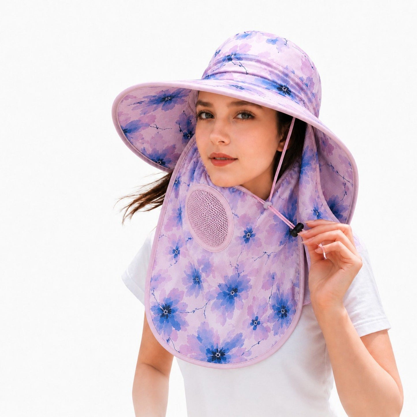 Floral Wide Brim Sun Hat with Face Cover Neck Flap and Mesh Breathing Panel