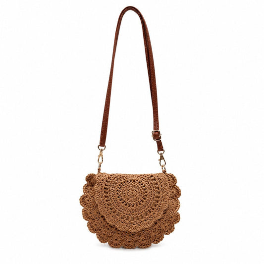 Crochet Crossbody Bag with Scalloped Flap Magnetic Closure and Shoulder Strap