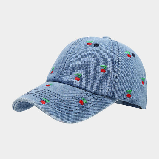 Denim Baseball Cap Cherry Embroidered Adjustable Dad Hat