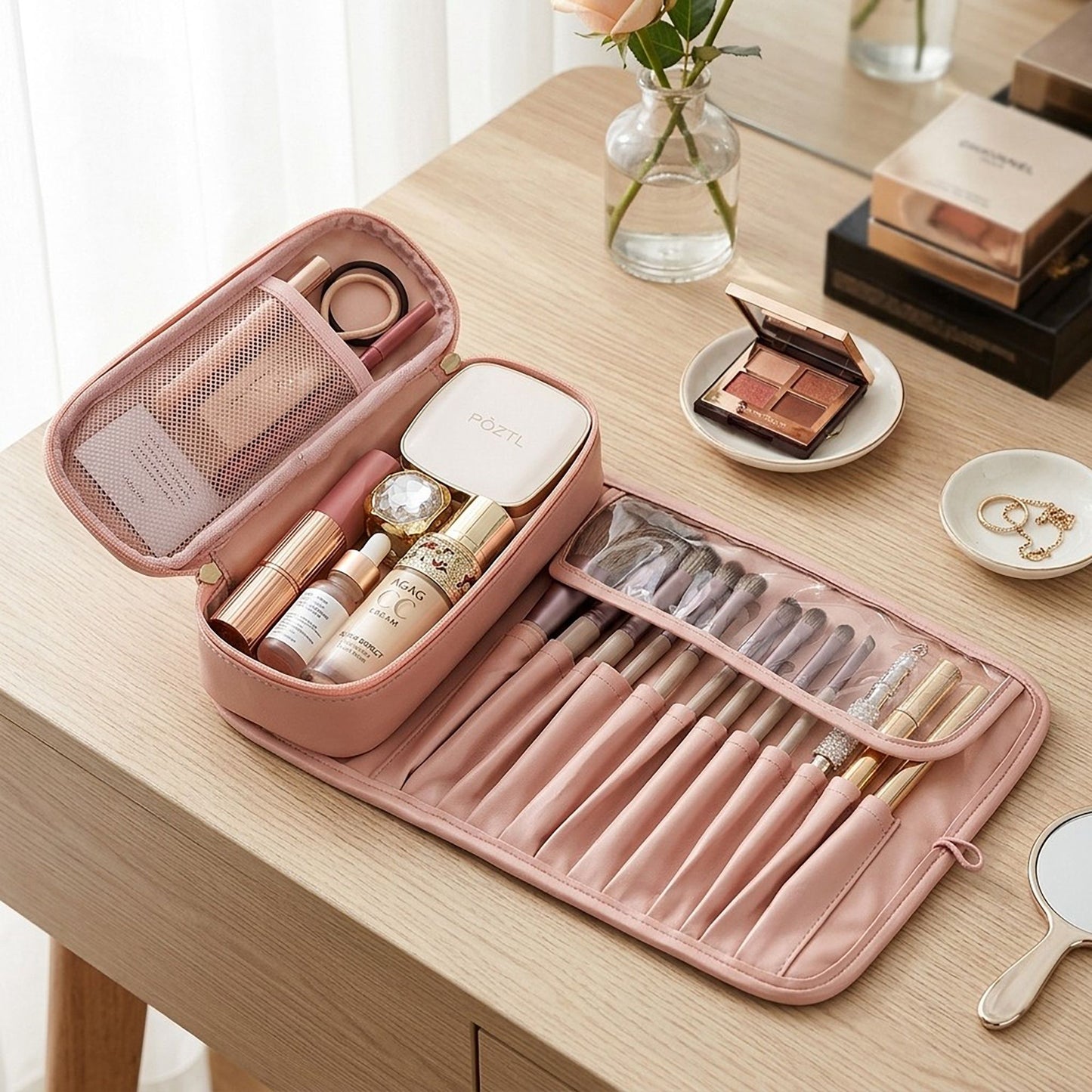 Travel Makeup Brush Organizer with Zippered Pouch
