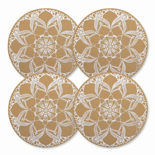4 Piece Mandala Placemat Set Metallic PVC Heat Resistant Round Table Mats for Dining Table