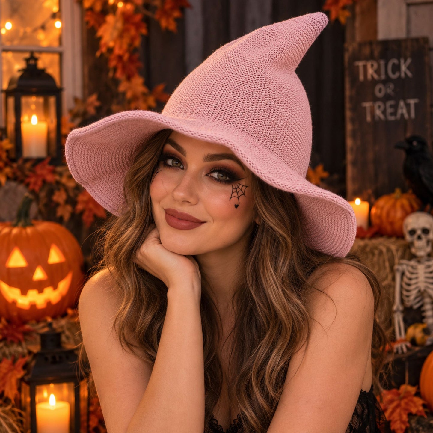 Pointed Knit Witch Hat with Wide Floppy Brim for Halloween