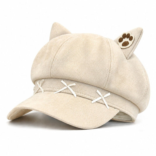Cat Ear Newsboy Cap Cute Baker Boy Hat Bow Detail Short Brim Casual Style