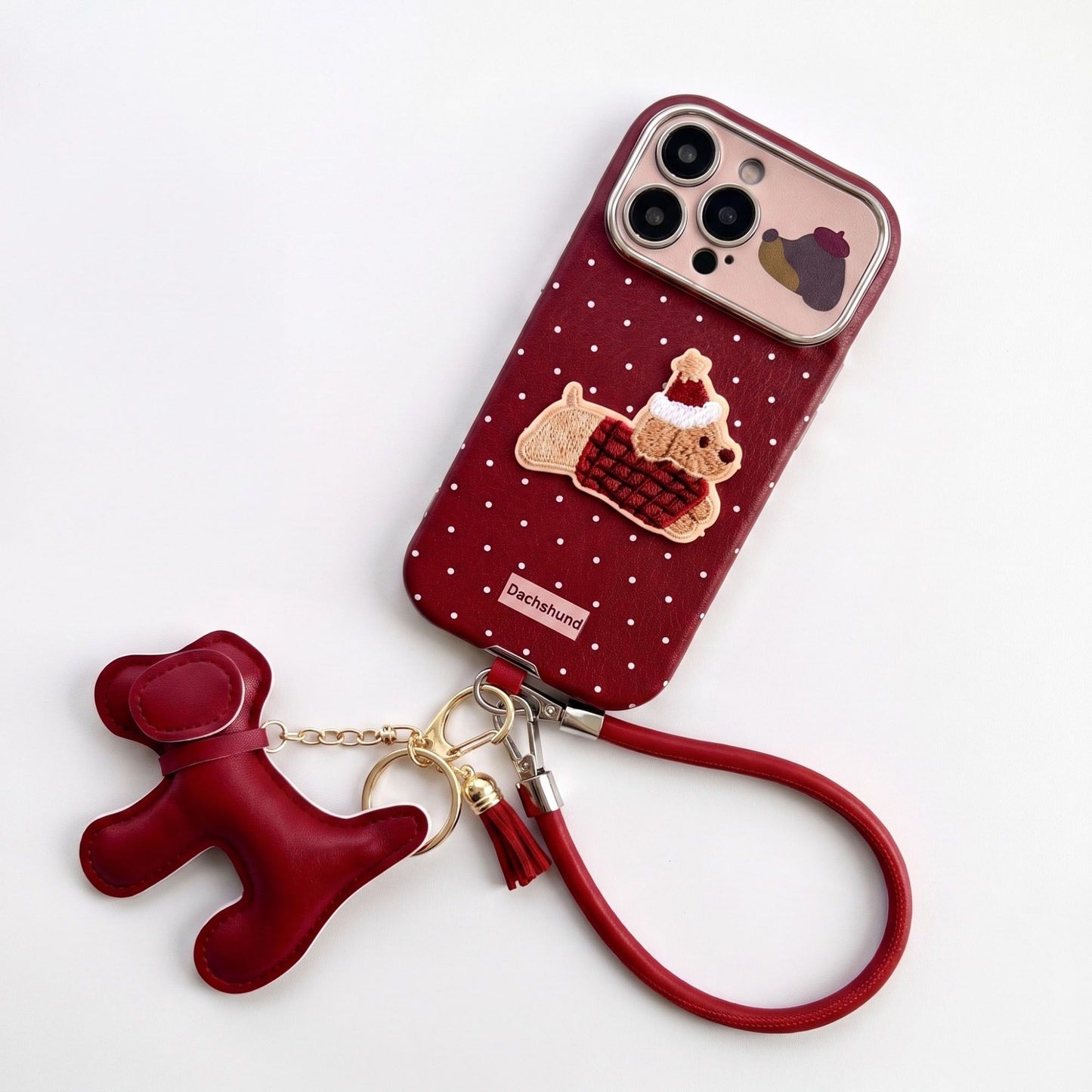 Dachshund Phone Case Wristlet Set Dog Charm Tassel Polka Dot Decorative Cover