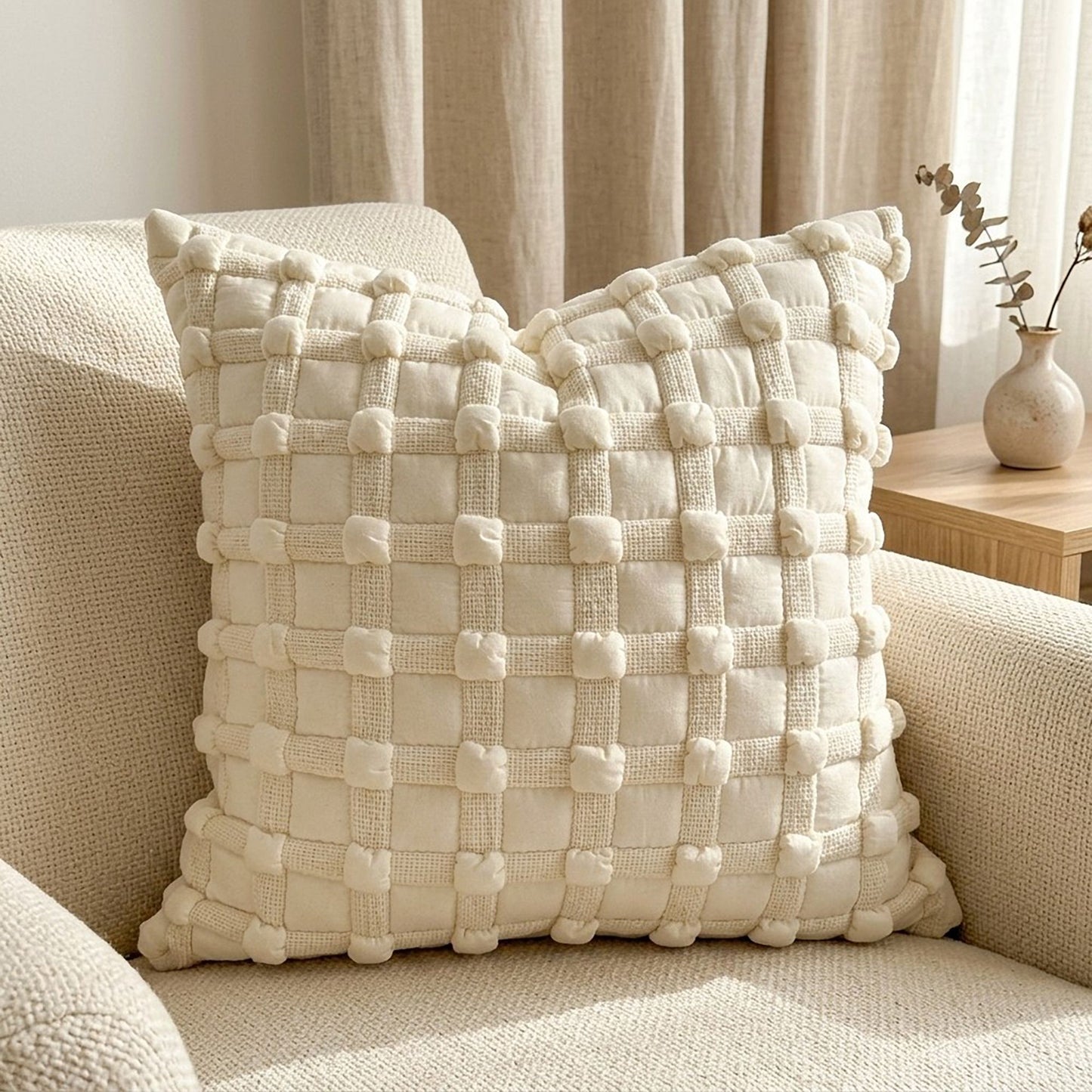 Textured Woven Grid Square Decorative Throw Pillow Cover