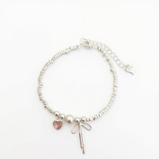 Women's Beaded Bracelet with Heart and Bow Charms Adjustable Chain Design