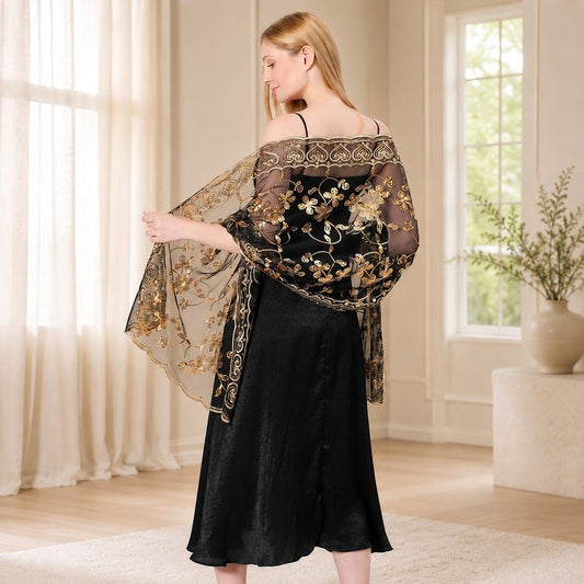 Embroidered Sequin Mesh Shawl Wrap Sheer Floral Scarf Scalloped Edge