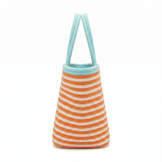 Dog Applique Striped Woven Rope Tote Bag Casual Shoulder Carryall