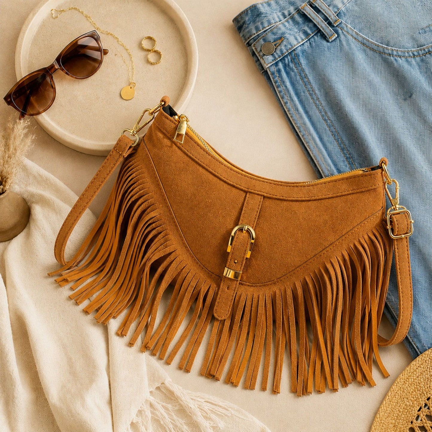 Studded Fringe Crossbody Bag Suede Look Crescent Shoulder Purse with Adjustable Strap