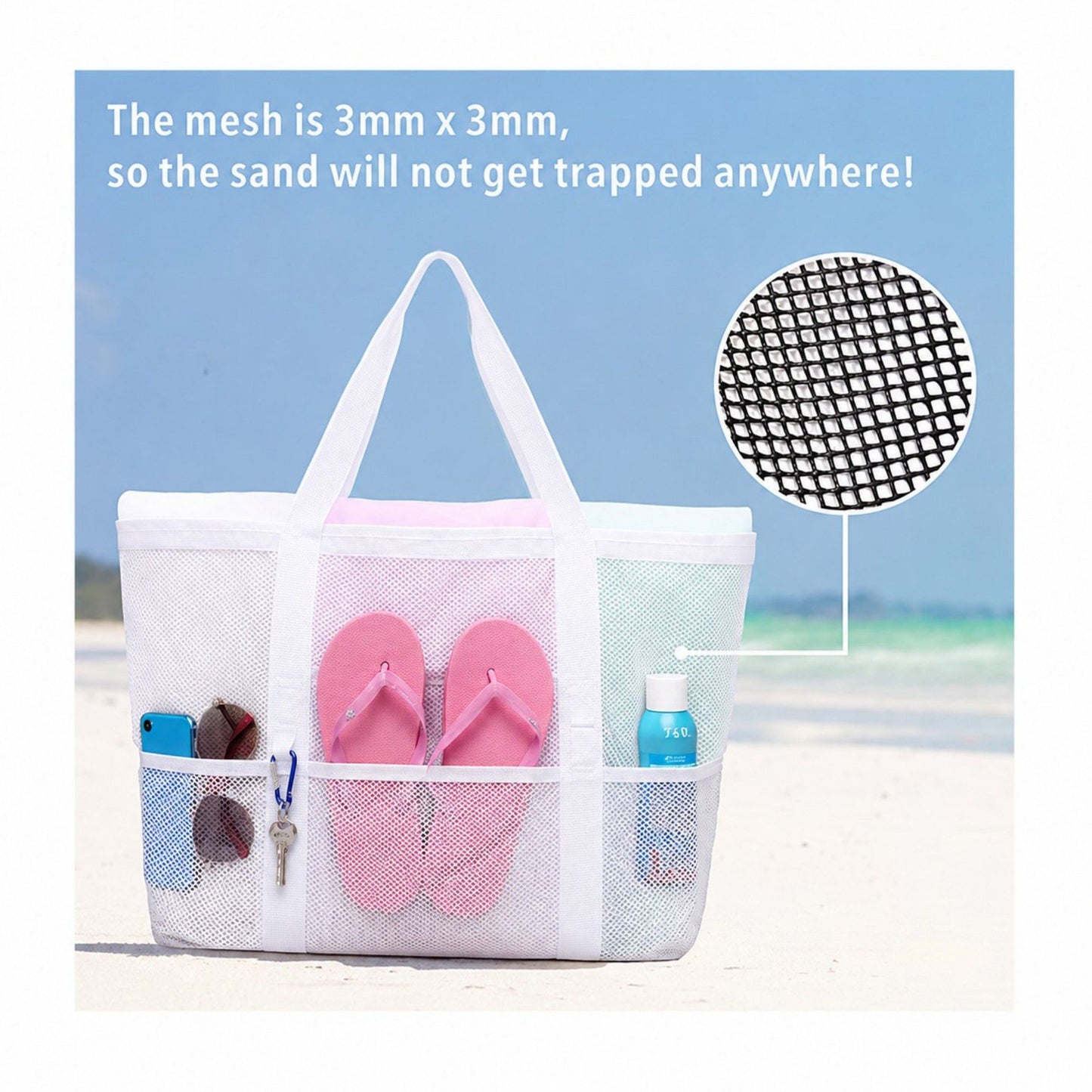 Mesh Beach Tote Bag Large Capacity Travel Shoulder Bag with Exterior Pockets Zipper Top Organizer