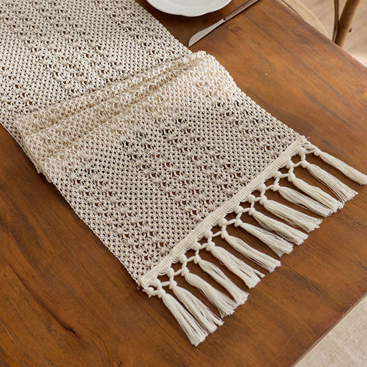 Textured Woven Table Runner with Fringe Edges and Bohemian Stripe Pattern 47x11.8 in