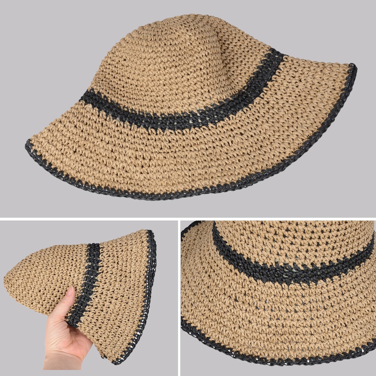 Packable Crochet Straw Bucket Hat with Two-Tone Design Lightweight Summer Sun Hat for Beach Travel Hiking Outdoor Use