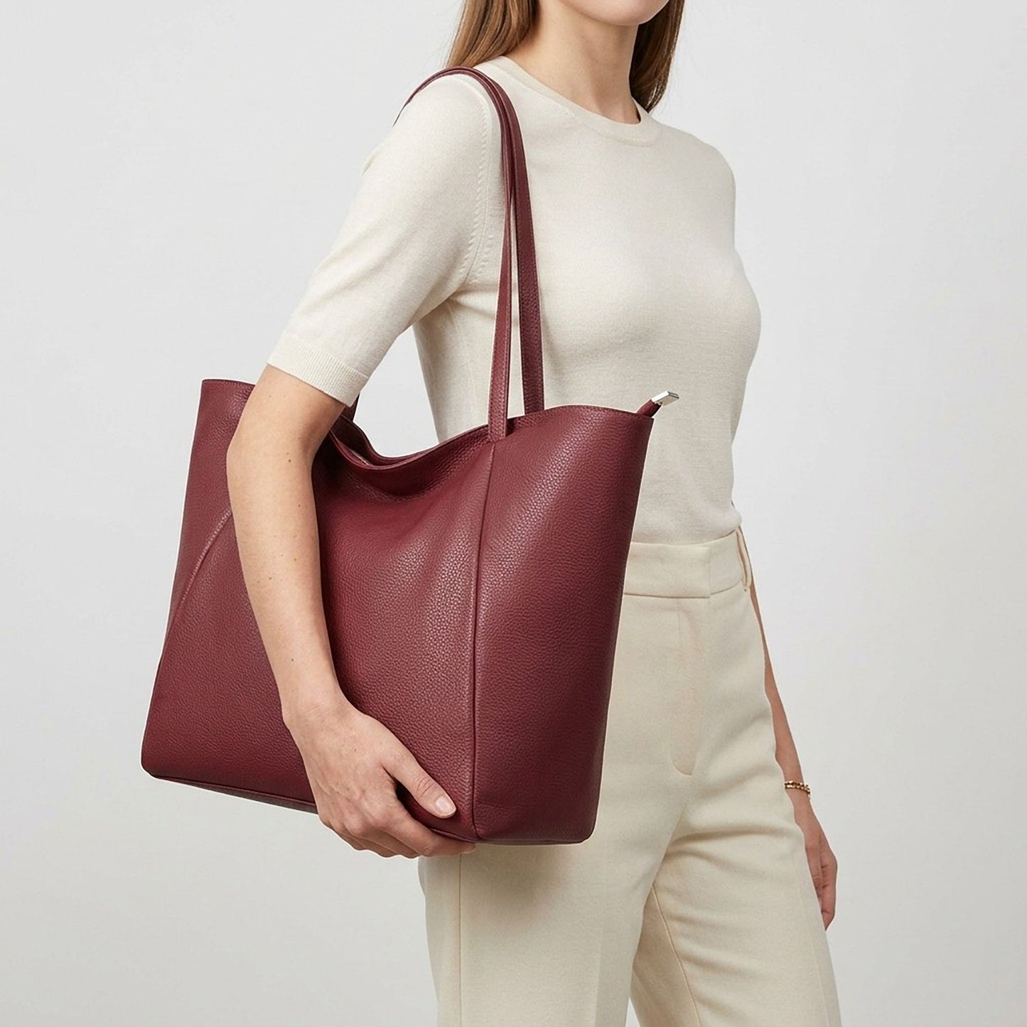 Large Faux Leather Zip Top Tote Bag with Double Shoulder Straps