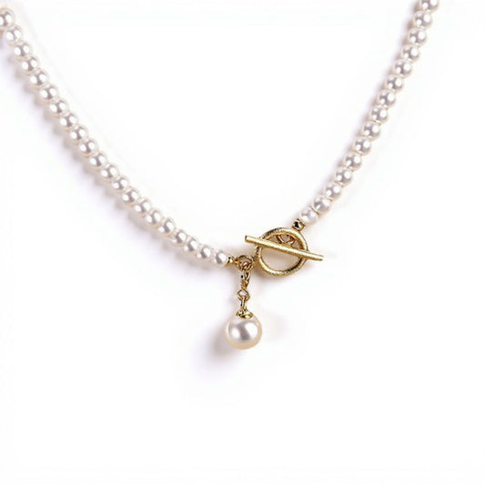 Women's Pearl Beaded Necklace with Front Toggle Clasp and Drop Pearl Pendant
