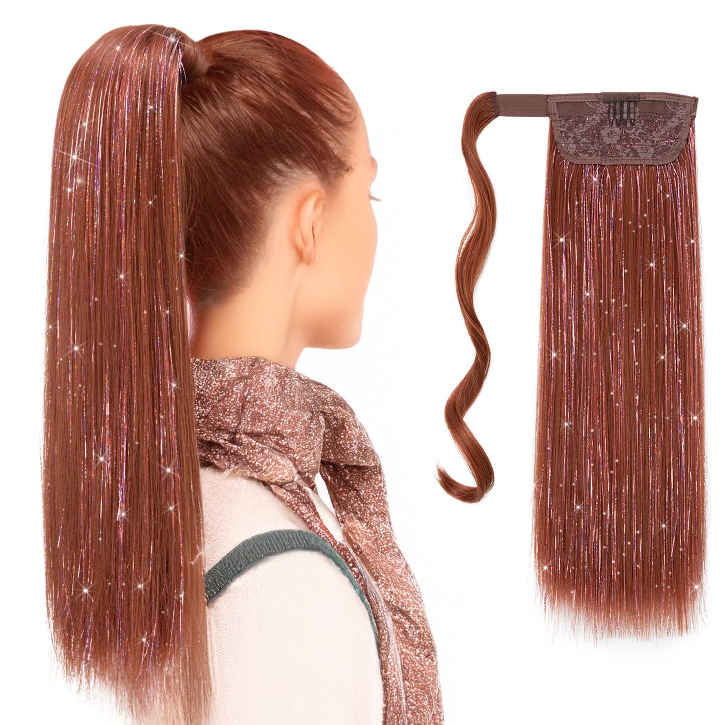 18-Inch Sparkling Straight Wrap Around Ponytail Extension with Shimmering Tinsel Strands for Special Event Glam
