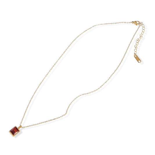 Women's Stainless Steel Necklace with 18K Gold Plated Pendant, Red Zircon Stone, Adjustable Chain, Modern Design