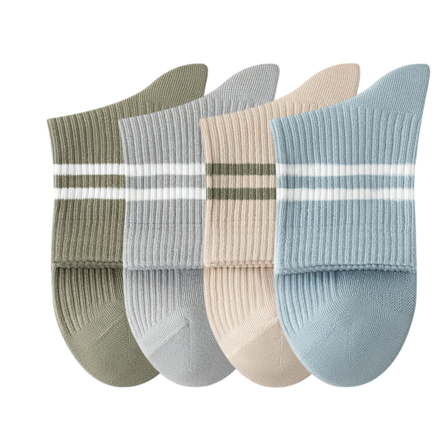 Womens Athletic Crew Socks 4-Pack Ribbed Knit Design Contrast Double Stripe Stretch Comfort Everyday Fit