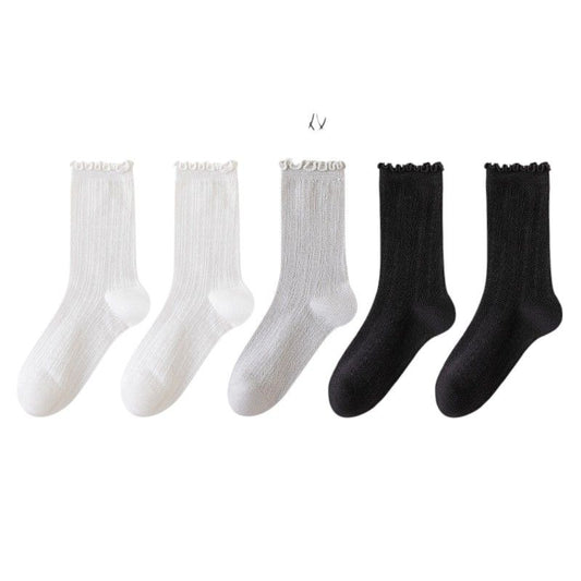 Ribbed Crew Socks with Ruffle Lettuce Trim Soft Stretch Knit Comfortable Everyday 5-Pack