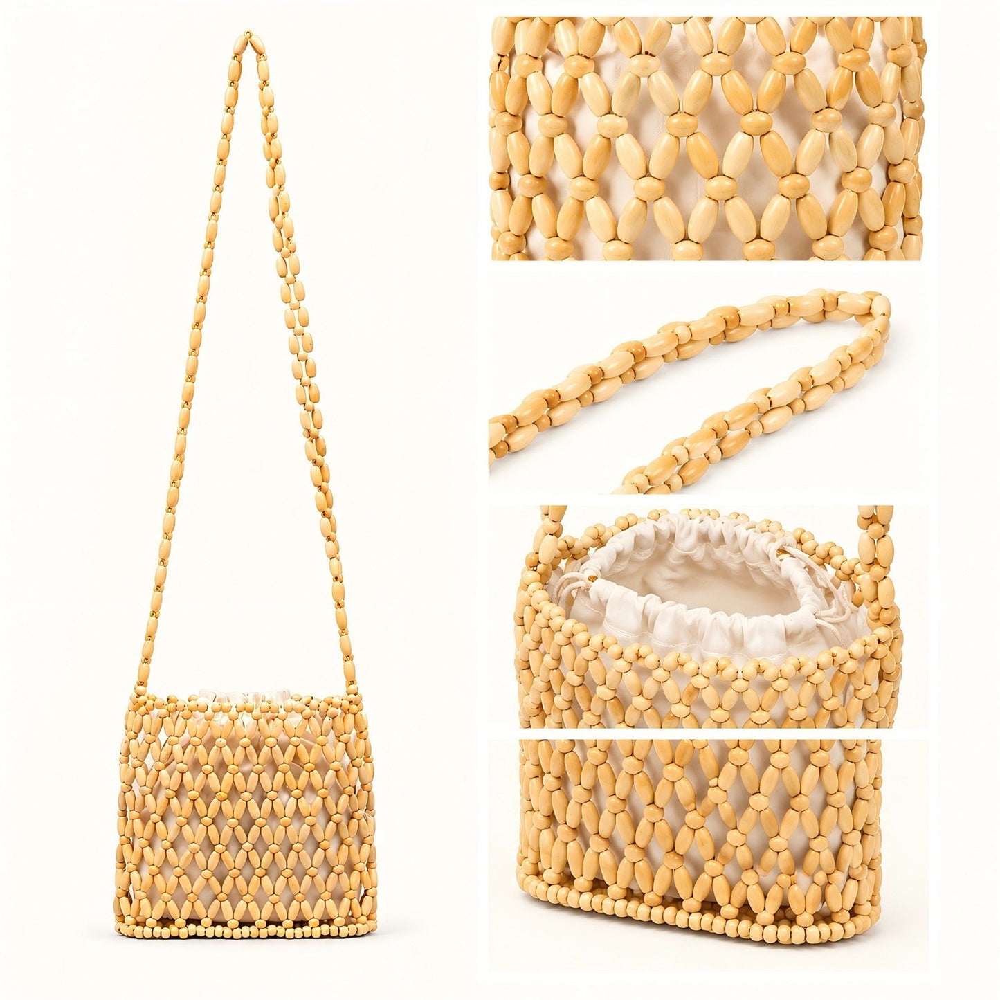 Hand-Crafted Wooden Beaded Crossbody Bag for Women - Lightweight Geometric Pattern Purse