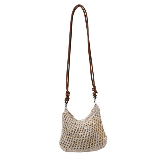 Women's Woven Net Shoulder Bag with Long Strap and Zipper Closure