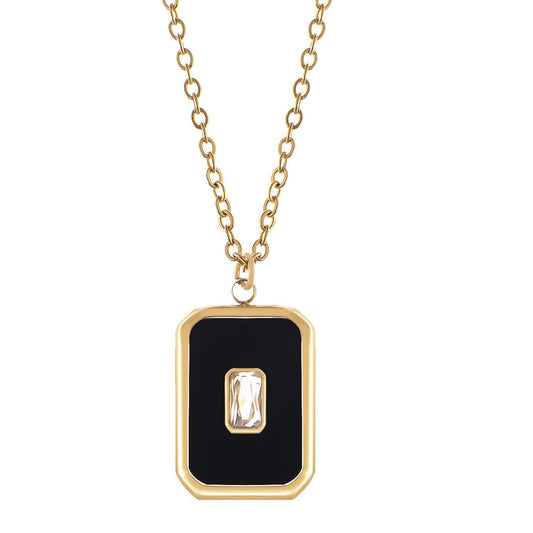 Women's Stainless Steel Necklace with 18K Gold Plated Pendant, Black Enamel Inlay, Clear Zircon Stone Accent, Adjustable Chain