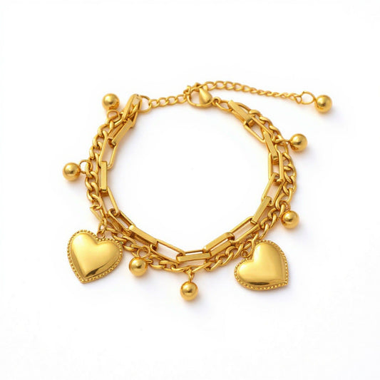 Layered Chain Bracelet with Dual Heart Charms and Dangling Bead Accents for a Playful Feminine Accessory with Modern Detail