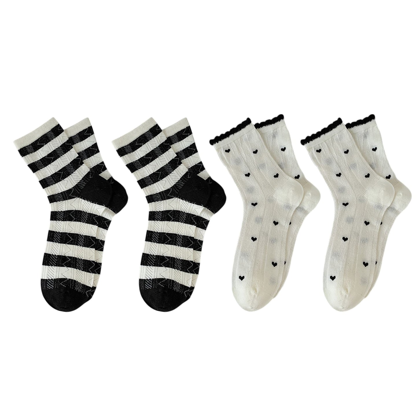 4 Pairs Crew Socks with Black and White Patterns Soft Cotton Texture Heart and Stripe for Flats and Dress Shoes