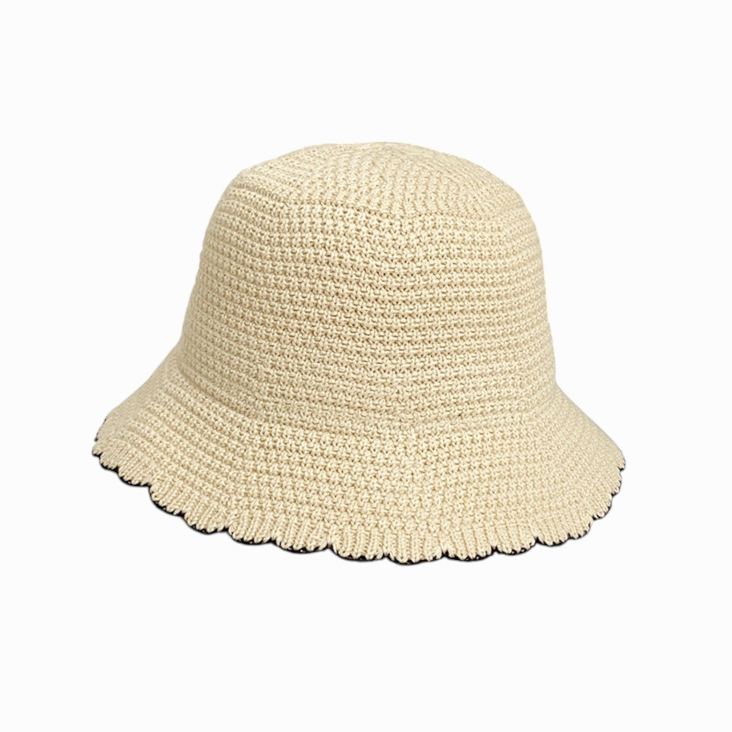 Women's Woven Floppy Bucket Hat with Scalloped Brim Edge Detail