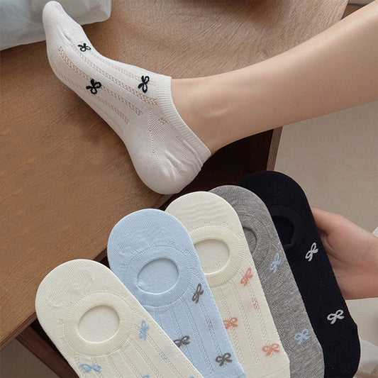5 Pairs Bow Pattern Low Cut No Show Socks Breathable Mesh Knit Anti-Slip Design Multiple Color Options