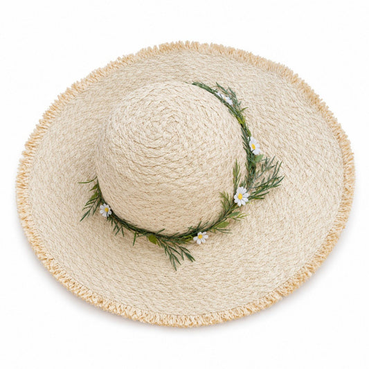 Summer Sun Hat for Women - Straw Beach Hat with Floral Embellishment