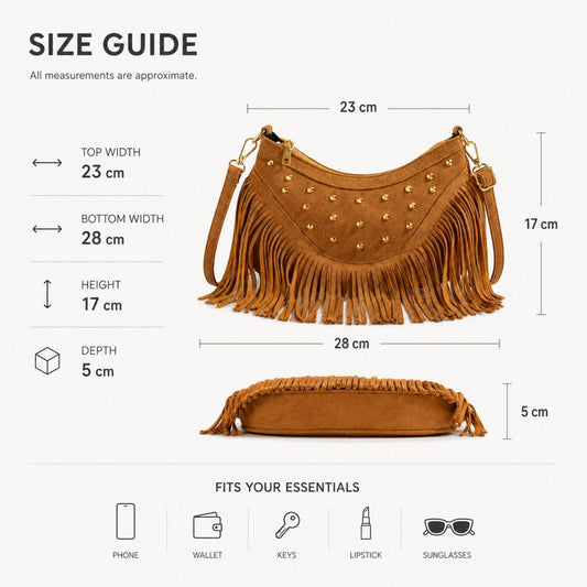 Studded Fringe Crossbody Bag Suede Look Crescent Shoulder Purse with Adjustable Strap