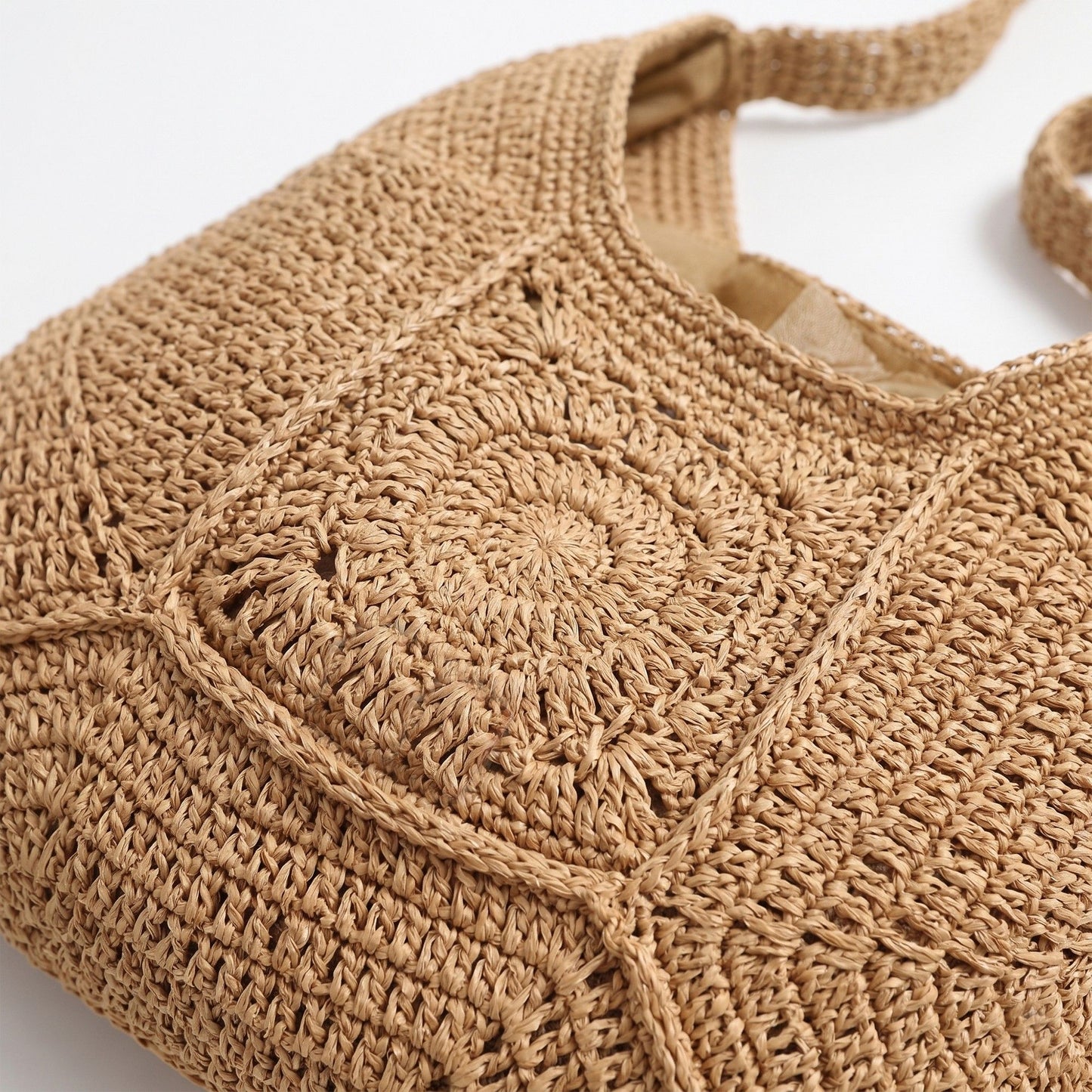 Woven Crochet Shoulder Bag with Geometric Pattern Slouchy Hobo Lightweight Knit Handbag