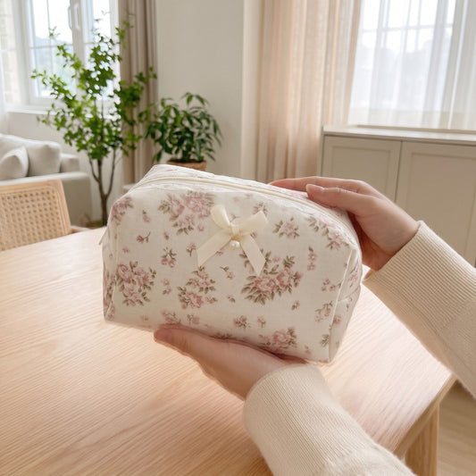 Womens Floral Makeup Bag with Bow Pearl Charm and Zipper Closure
