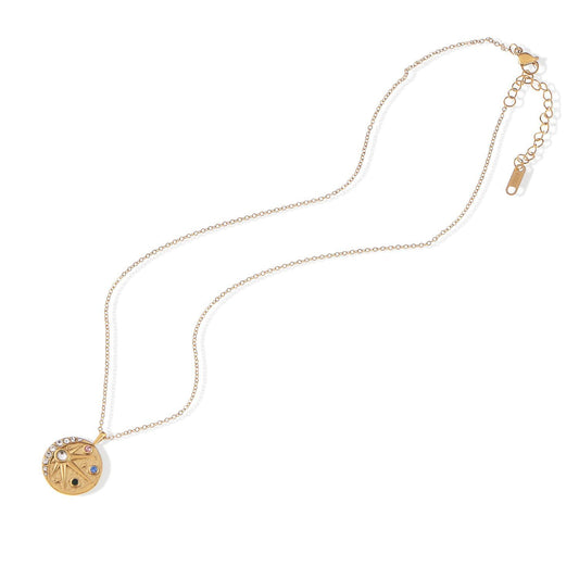 Women's Stainless Steel Necklace with 18K Gold Plated Cosmic Pendant, Colorful Zircon Accents, Adjustable Chain
