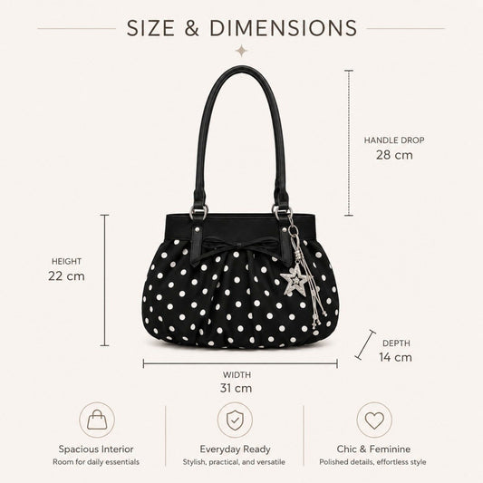 Polka Dot Ruched Shoulder Bag with Bow Detail and Metal Charm