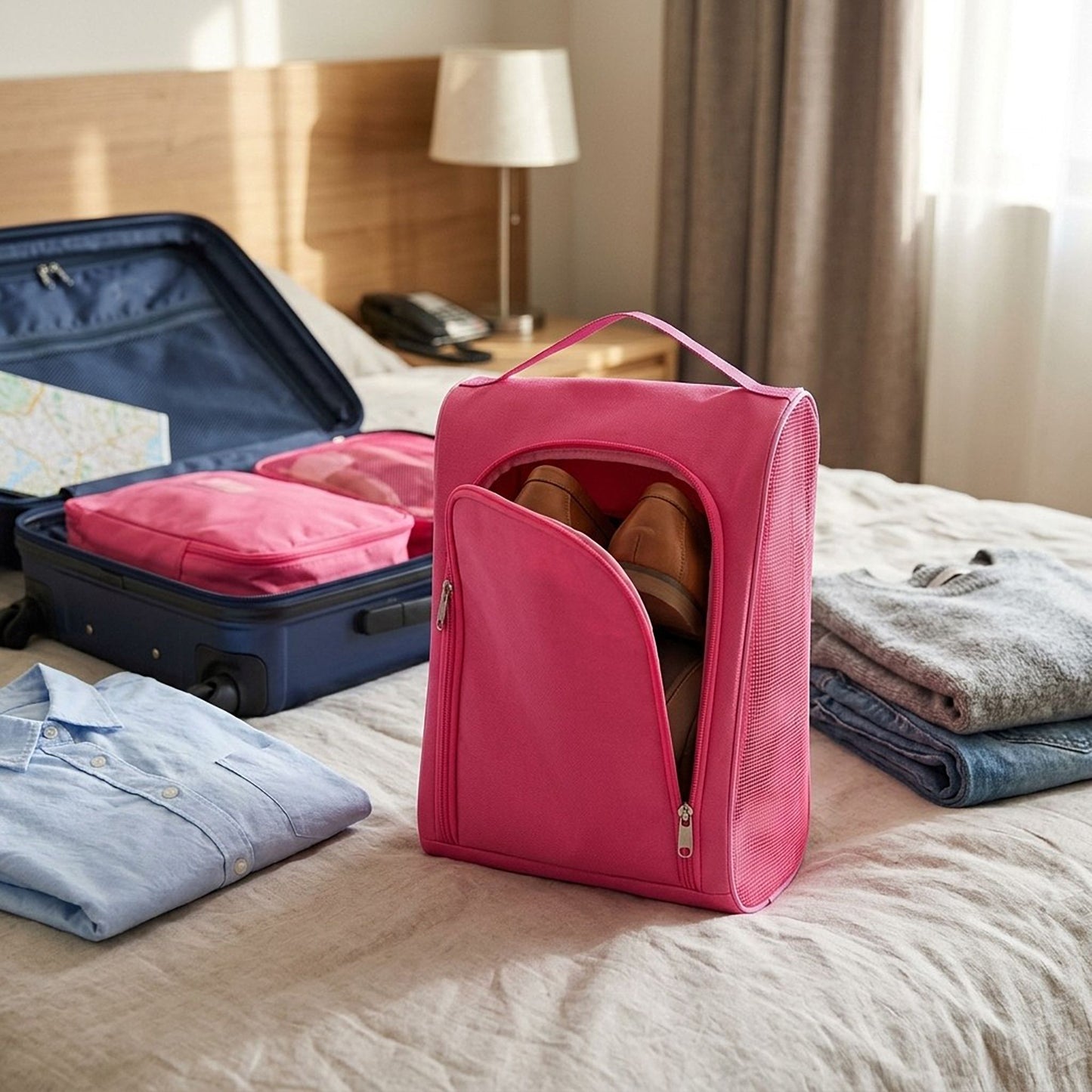 Travel Shoe Organizer Bag with Mesh Sides and Carry Handle