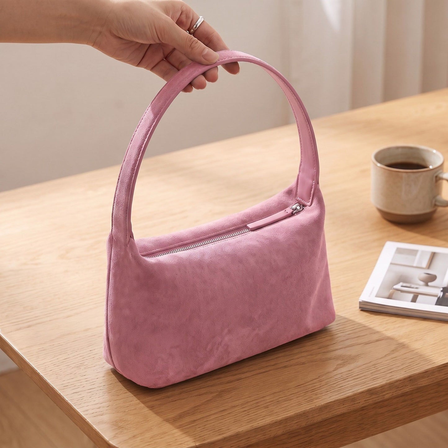 Faux Suede Shoulder Bag with Zipper Closure