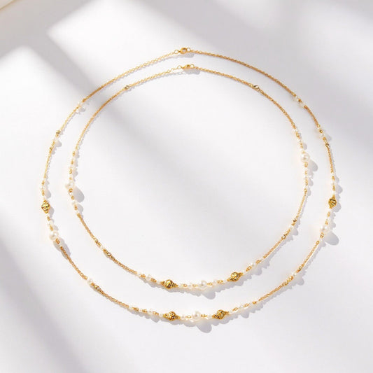 Women's Layered Pearl Beaded Necklace with Gold Filigree Accents 31.5in/39.5in