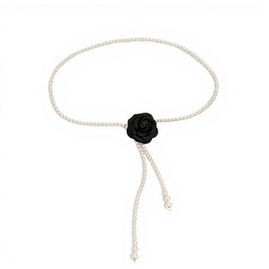 Faux Pearl Beaded Belt with Fabric Rose Accent and Drop Strand Detail 49in