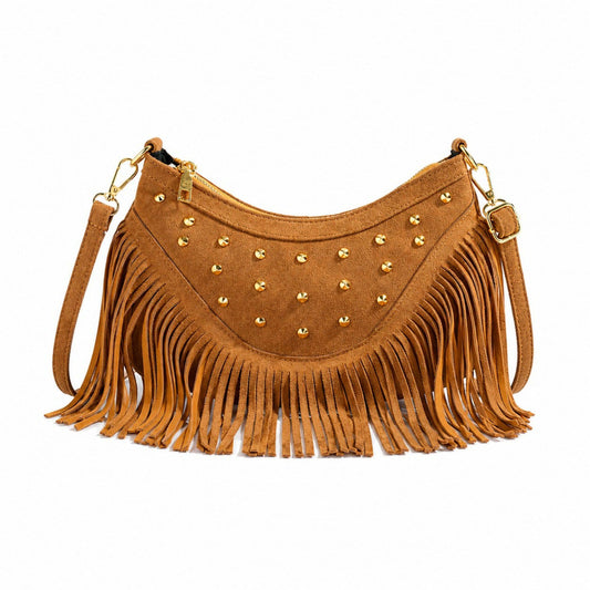 Studded Fringe Crossbody Bag Suede Look Crescent Shoulder Purse with Adjustable Strap