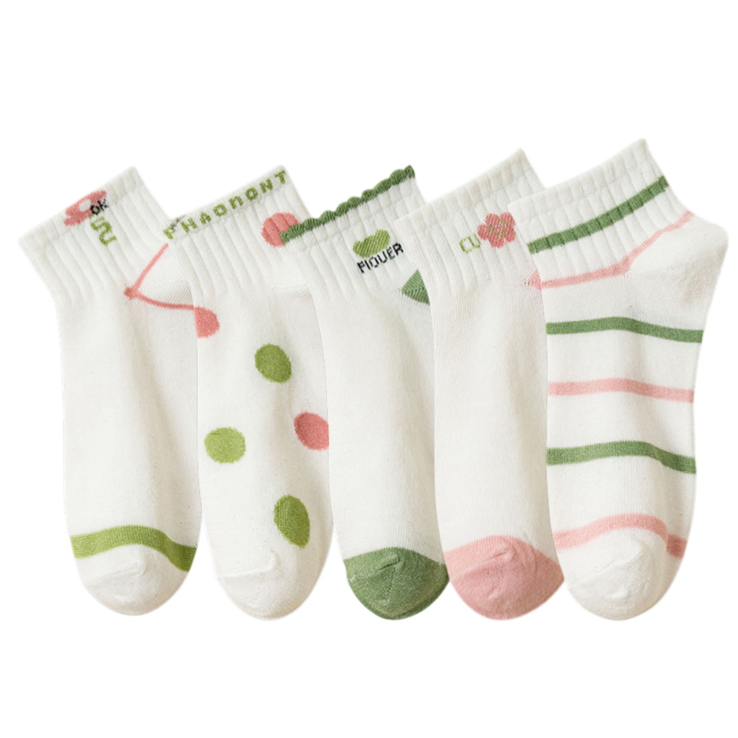 5 Pairs Women's Low Cut Ankle Socks with Polka Dot and Stripe Patterns Soft Cotton Anti-Pilling Casual Everyday Style