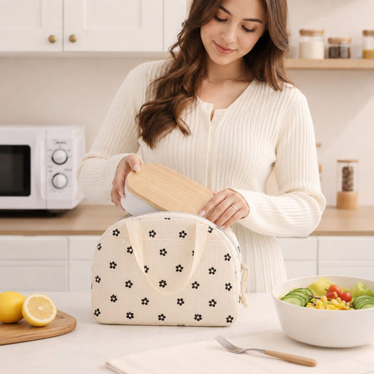 Heart Print Corduroy Insulated Lunch Bag with Handles and Zip Closure