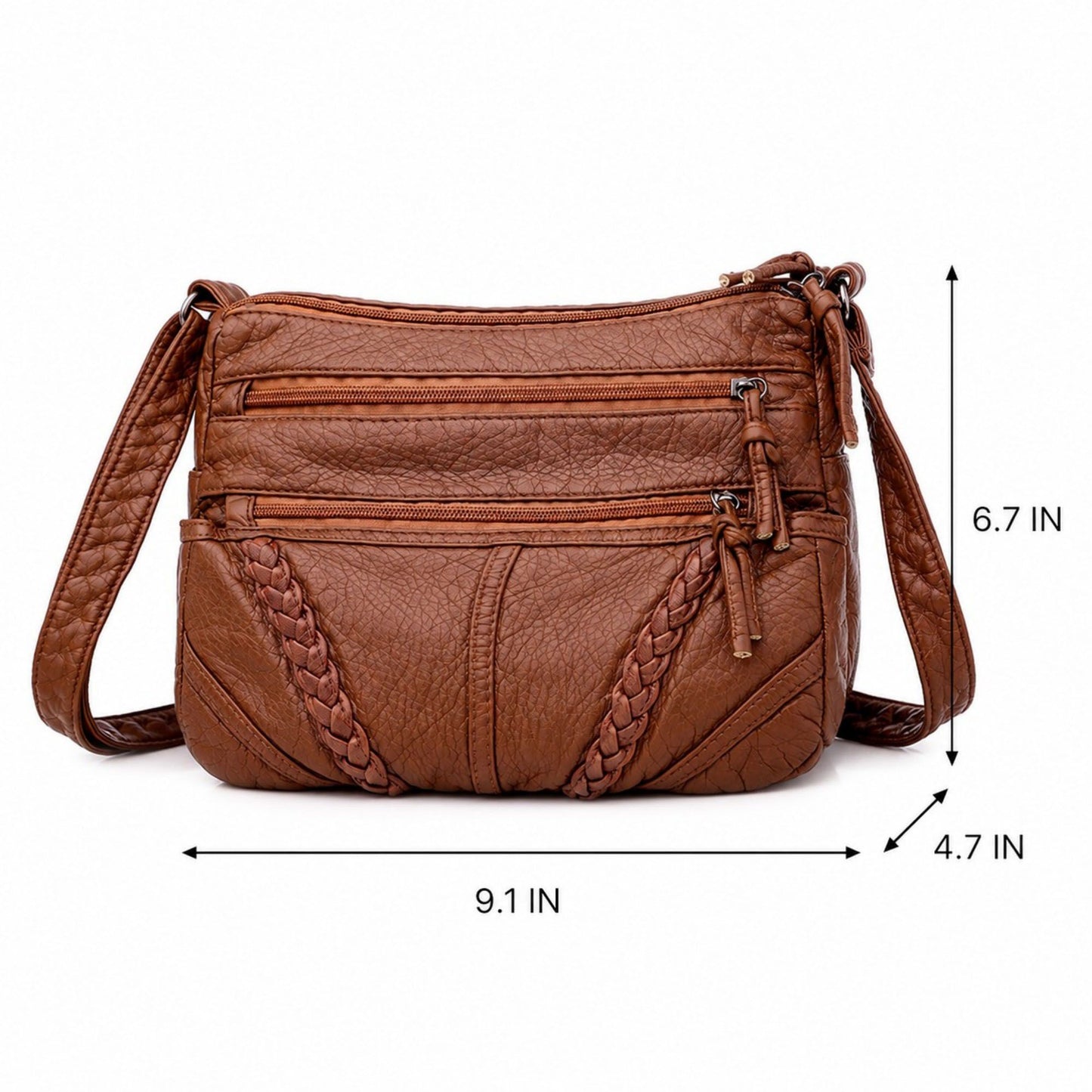 Multi-Pocket Crossbody Bag with Adjustable Strap and Braided Trim