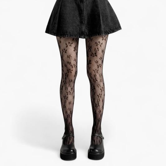 Floral Lace Pattern Tights with Sheer Mesh Texture and Stretch Fit
