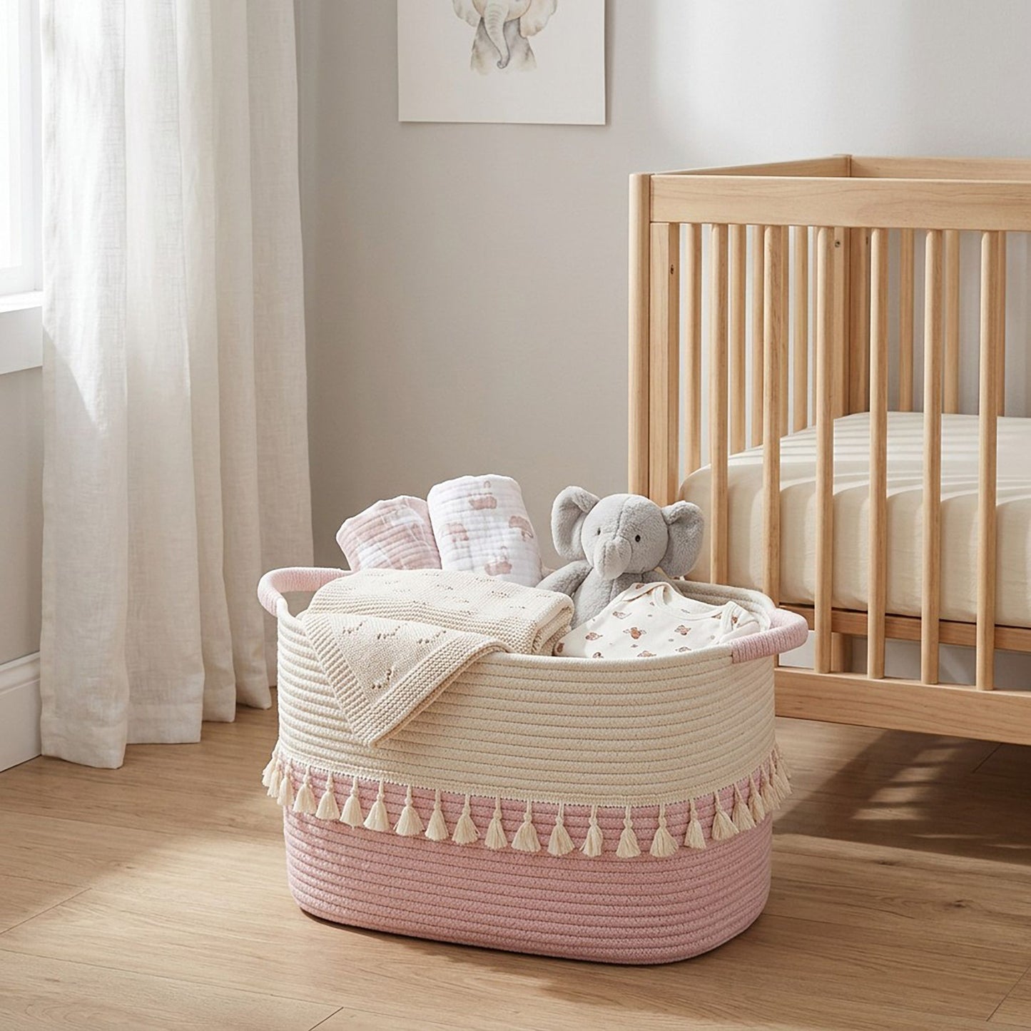 Rope Storage Basket with Tassel Trim and Handles
