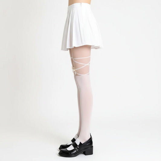 Sheer Tights with Crisscross Lace-Up Detail and Opaque Lower Leg Design