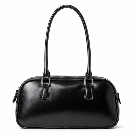East West Faux Leather Bowler Shoulder Bag with Double Handles and Zip Closure
